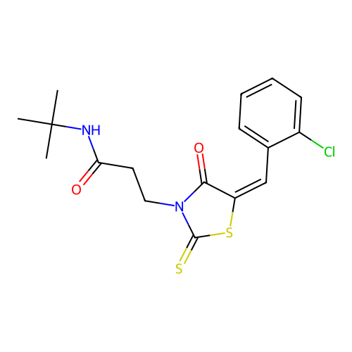 N-tert-butyl-3-[(5E)-5-[(2-chlorophenyl)methylidene]-4-oxo-2-sulfanylidene-1,3-thiazolidin-3-yl]propanamide structure