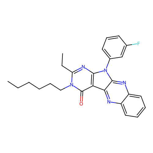 2-ethyl-11-(3-fluorophenyl)-3-hexyl-3H-pyrimido[5',4':4,5]pyrrolo[2,3-b]quinoxalin-4(11H)-one structure