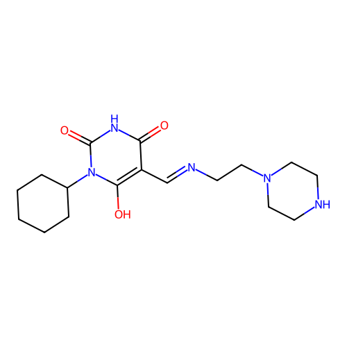 Pyrimidine-2,4,6-trione, 1-cyclohexyl-5-[(2-piperazin-1-yl-ethylamino)methylene]- structure