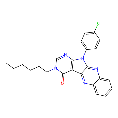 11-(4-chlorophenyl)-3-hexyl-3H-pyrimido[5',4':4,5]pyrrolo[2,3-b]quinoxalin-4(11H)-one structure