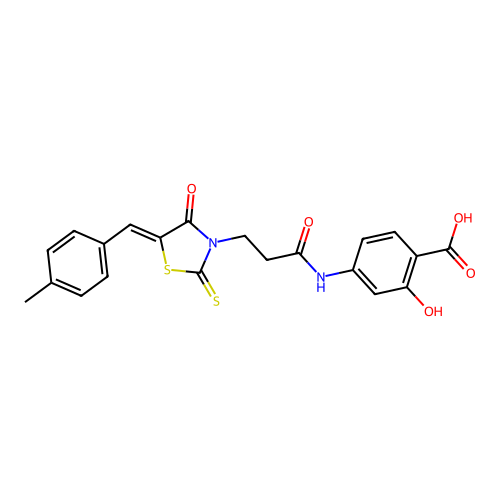 (Z)-2-hydroxy-4-(3-(5-(4-methylbenzylidene)-4-oxo-2-thioxothiazolidin-3-yl)propanamido)benzoic acid structure