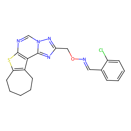 (E)-2-chlorobenzaldehyde O-((9,10,11,12-tetrahydro-8H-cyclohepta[4,5]thieno[3,2-e][1,2,4]triazolo[1,5-c]pyrimidin-2-yl)methyl) oxime structure