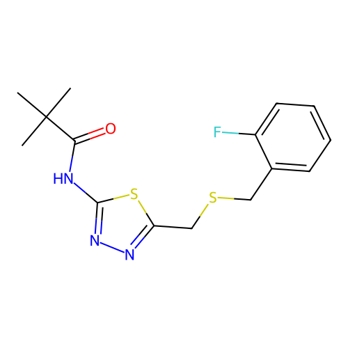 N-[5-(2-Fluoro-benzylsulfanylmethyl)-[1,3,4]thiadiazol-2-yl]-2,2-dimethyl-propionamide structure