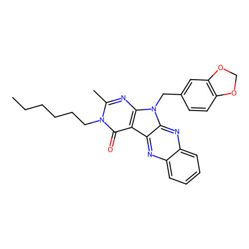11-(benzo[d][1,3]dioxol-5-ylmethyl)-3-hexyl-2-methyl-3H-pyrimido[5',4':4,5]pyrrolo[2,3-b]quinoxalin-4(11H)-one structure