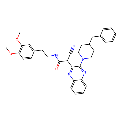 2-[3-(4-benzylpiperidin-1-yl)quinoxalin-2-yl]-2-cyano-N-[2-(3,4-dimethoxyphenyl)ethyl]acetamide structure