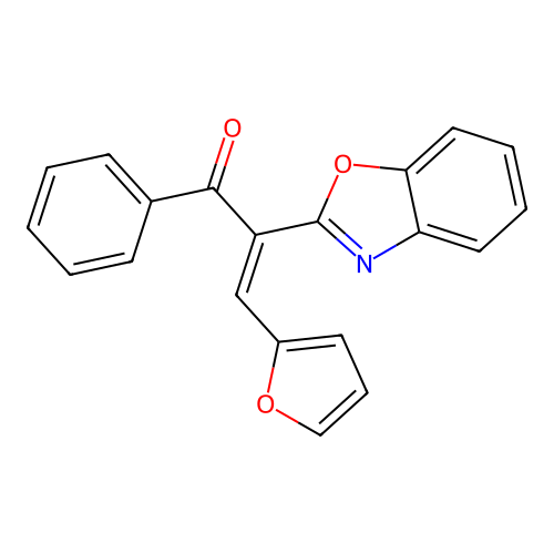 (E)-2-(1,3-benzoxazol-2-yl)-3-(furan-2-yl)-1-phenylprop-2-en-1-one structure