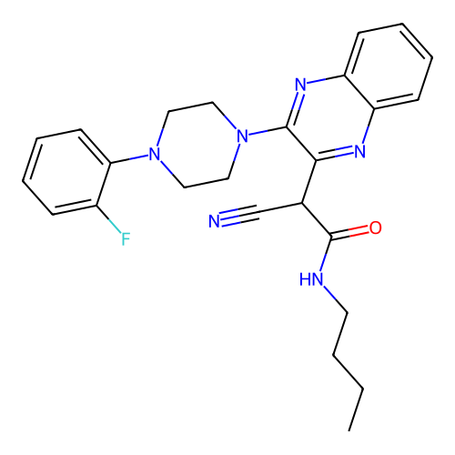 N-butyl-2-cyano-2-(3-(4-(2-fluorophenyl)piperazin-1-yl)quinoxalin-2-yl)acetamide structure
