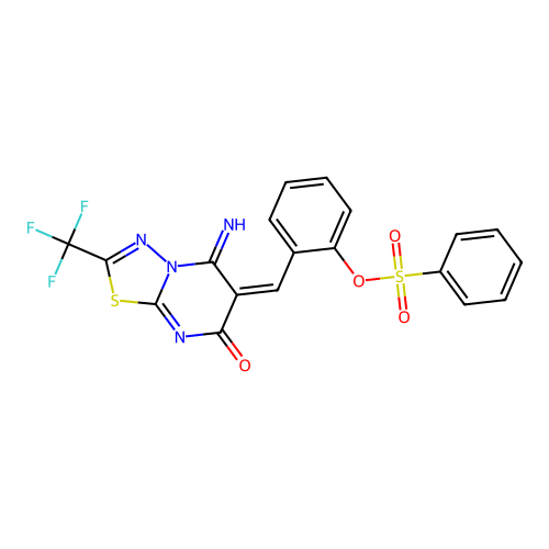 (E)-2-((5-imino-7-oxo-2-(trifluoromethyl)-5H-[1,3,4]thiadiazolo[3,2-a]pyrimidin-6(7H)-ylidene)methyl)phenyl benzenesulfonate structure