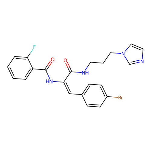 N-[(E)-1-(4-bromophenyl)-3-(3-imidazol-1-ylpropylamino)-3-oxoprop-1-en-2-yl]-2-fluorobenzamide structure