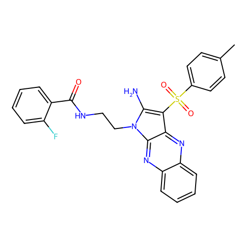 N-(2-(2-amino-3-tosyl-1H-pyrrolo[2,3-b]quinoxalin-1-yl)ethyl)-2-fluorobenzamide structure