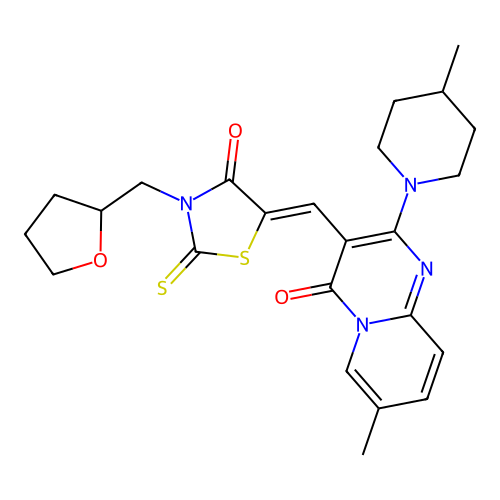 (5Z)-5-[[7-methyl-2-(4-methylpiperidin-1-yl)-4-oxopyrido[1,2-a]pyrimidin-3-yl]methylidene]-3-(oxolan-2-ylmethyl)-2-sulfanylidene-1,3-thiazolidin-4-one structure