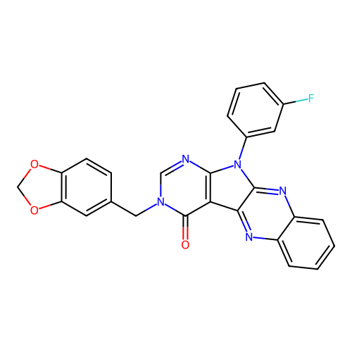 3-(1,3-benzodioxol-5-ylmethyl)-11-(3-fluorophenyl)-3,11-dihydro-4H-pyrimido[5',4':4,5]pyrrolo[2,3-b]quinoxalin-4-one structure