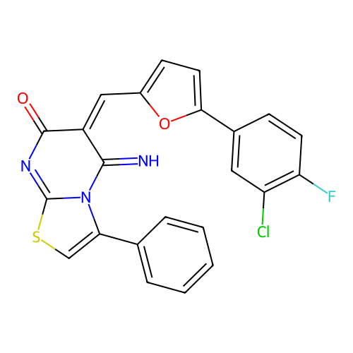 (6E)-6-[[5-(3-chloro-4-fluorophenyl)furan-2-yl]methylidene]-5-imino-3-phenyl-[1,3]thiazolo[3,2-a]pyrimidin-7-one structure