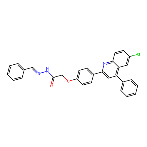 N-[(E)-benzylideneamino]-2-[4-(6-chloro-4-phenylquinolin-2-yl)phenoxy]acetamide structure