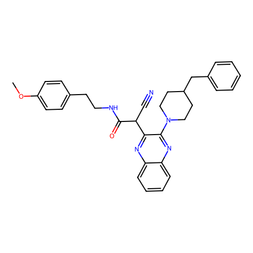 2-[3-(4-benzylpiperidin-1-yl)quinoxalin-2-yl]-2-cyano-N-[2-(4-methoxyphenyl)ethyl]acetamide structure