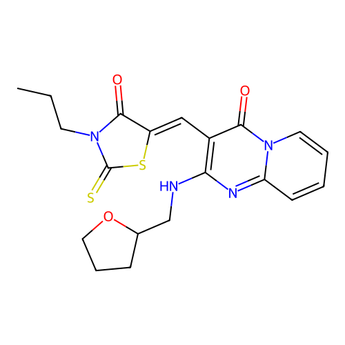 (Z)-5-((4-oxo-2-(((tetrahydrofuran-2-yl)methyl)amino)-4H-pyrido[1,2-a]pyrimidin-3-yl)methylene)-3-propyl-2-thioxothiazolidin-4-one structure