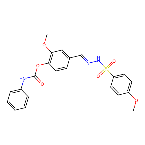 (E)-2-methoxy-4-((2-((4-methoxyphenyl)sulfonyl)hydrazono)methyl)phenyl phenylcarbamate structure