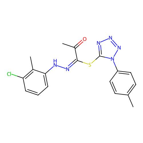 (E)-1-(p-tolyl)-1H-tetrazol-5-yl N'-(3-chloro-2-methylphenyl)-2-oxopropanehydrazonothioate structure