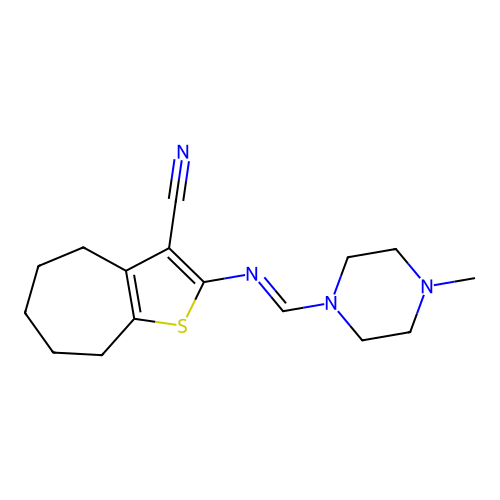 2-[(E)-(4-methylpiperazin-1-yl)methylideneamino]-5,6,7,8-tetrahydro-4H-cyclohepta[b]thiophene-3-carbonitrile structure