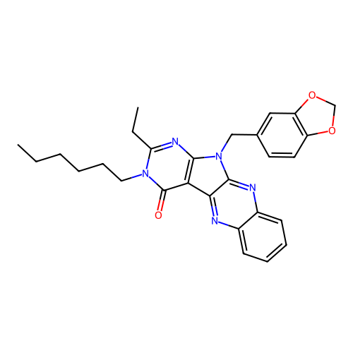 11-(benzo[d][1,3]dioxol-5-ylmethyl)-2-ethyl-3-hexyl-3H-pyrimido[5',4':4,5]pyrrolo[2,3-b]quinoxalin-4(11H)-one structure