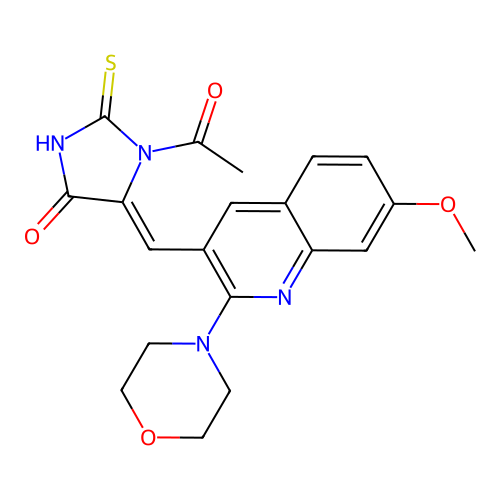 (5Z)-1-acetyl-5-[(7-methoxy-2-morpholin-4-ylquinolin-3-yl)methylidene]-2-sulfanylideneimidazolidin-4-one structure
