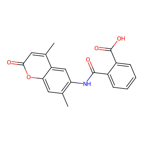 2-[N-(4,7-dimethyl-2-oxochromen-6-yl)carbamoyl]benzoic acid structure