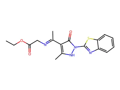 Ethyl 2-[1-(1-benzothiazol-2-yl-3-methyl-5-oxo-pyrazol-4-ylidene)ethylamino]acetate structure