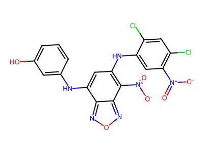 3-[[5-(2,4-dichloro-5-nitroanilino)-4-nitro-2,1,3-benzoxadiazol-7-yl]amino]phenol structure