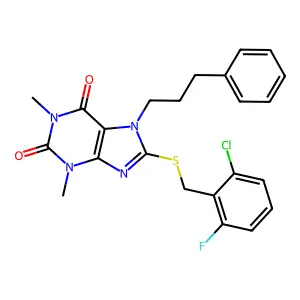 8-[(2-chloro-6-fluorophenyl)methylsulfanyl]-1,3-dimethyl-7-(3-phenylpropyl)purine-2,6-dione structure