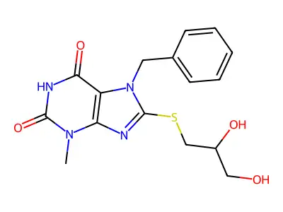 7-benzyl-8-((2,3-dihydroxypropyl)thio)-3-methyl-1H-purine-2,6(3H,7H)-dione structure