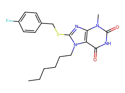 8-[(4-Fluorophenyl)methylsulfanyl]-7-hexyl-3-methylpurine-2,6-dione structure