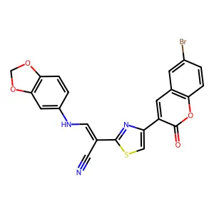 (E)-3-(benzo[d][1,3]dioxol-5-ylamino)-2-(4-(6-bromo-2-oxo-2H-chromen-3-yl)thiazol-2-yl)acrylonitrile structure