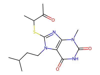 7-isopentyl-3-methyl-8-((3-oxobutan-2-yl)thio)-1H-purine-2,6(3H,7H)-dione structure