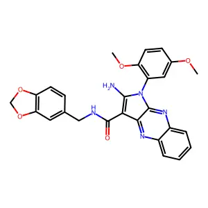 2-amino-N-(1,3-benzodioxol-5-ylmethyl)-1-(2,5-dimethoxyphenyl)-1H-pyrrolo[2,3-b]quinoxaline-3-carboxamide structure