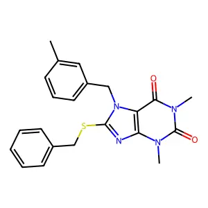 8-(benzylthio)-1,3-dimethyl-7-(3-methylbenzyl)-1H-purine-2,6(3H,7H)-dione structure
