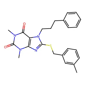 1,3-dimethyl-8-[(3-methylphenyl)methylsulfanyl]-7-(3-phenylpropyl)purine-2,6-dione structure
