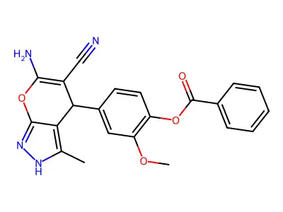 4-(6-amino-5-cyano-3-methyl-1,4-dihydropyrano[2,3-c]pyrazol-4-yl)-2-methoxyphenyl benzoate structure