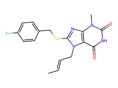 7-But-2-enyl-8-[(4-fluorophenyl)methylsulfanyl]-3-methylpurine-2,6-dione structure