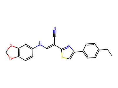 (E)-3-(benzo[d][1,3]dioxol-5-ylamino)-2-(4-(4-ethylphenyl)thiazol-2-yl)acrylonitrile structure