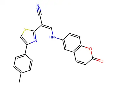 2-[4-(4-methylphenyl)-1,3-thiazol-2-yl]-3-[(2-oxochromen-6-yl)amino]prop-2-enenitrile structure