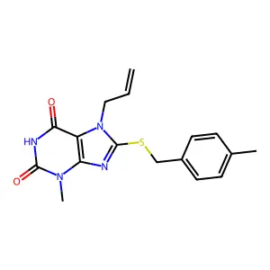 7-allyl-3-methyl-8-((4-methylbenzyl)thio)-1H-purine-2,6(3H,7H)-dione structure