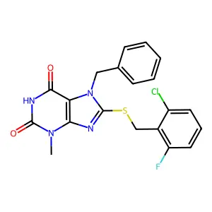 7-benzyl-8-((2-chloro-6-fluorobenzyl)thio)-3-methyl-1H-purine-2,6(3H,7H)-dione structure