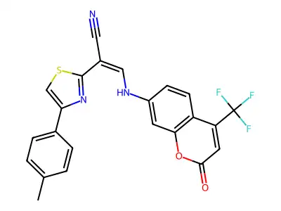 2-[4-(4-methylphenyl)-1,3-thiazol-2-yl]-3-[[2-oxo-4-(trifluoromethyl)chromen-7-yl]amino]prop-2-enenitrile structure