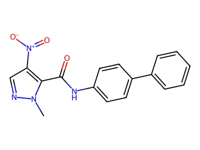 2-methyl-4-nitro-N-(4-phenylphenyl)pyrazole-3-carboxamide structure