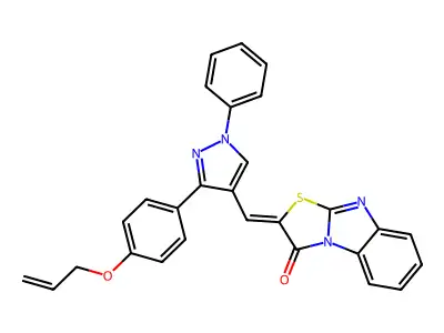 (2Z)-2-[[1-phenyl-3-(4-prop-2-enoxyphenyl)pyrazol-4-yl]methylidene]-[1,3]thiazolo[3,2-a]benzimidazol-1-one structure