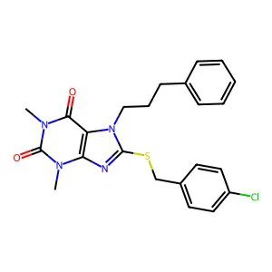 8-[(4-chlorophenyl)methylsulfanyl]-1,3-dimethyl-7-(3-phenylpropyl)purine-2,6-dione structure