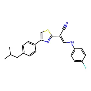 (E)-3-((4-fluorophenyl)amino)-2-(4-(4-isobutylphenyl)thiazol-2-yl)acrylonitrile structure