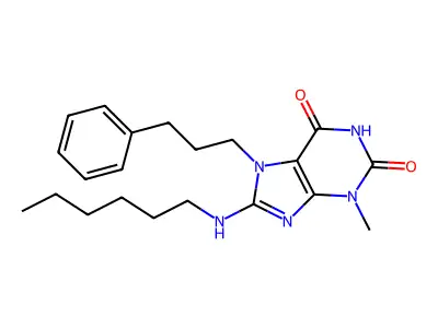 8-(hexylamino)-3-methyl-7-(3-phenylpropyl)-3,7-dihydro-1H-purine-2,6-dione structure