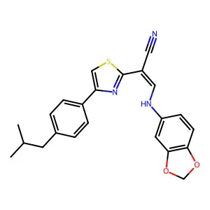 (E)-3-(benzo[d][1,3]dioxol-5-ylamino)-2-(4-(4-isobutylphenyl)thiazol-2-yl)acrylonitrile structure