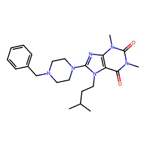 8-(4-benzylpiperazin-1-yl)-7-isopentyl-1,3-dimethyl-1H-purine-2,6(3H,7H)-dione structure
